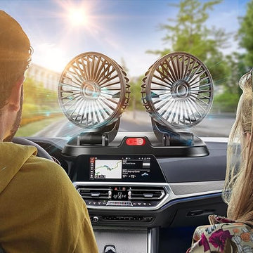 Car Fan Long Neck Double Head Adjustable | 360° Rotatable USB Powered Cooling Fan for Vehicles & Home