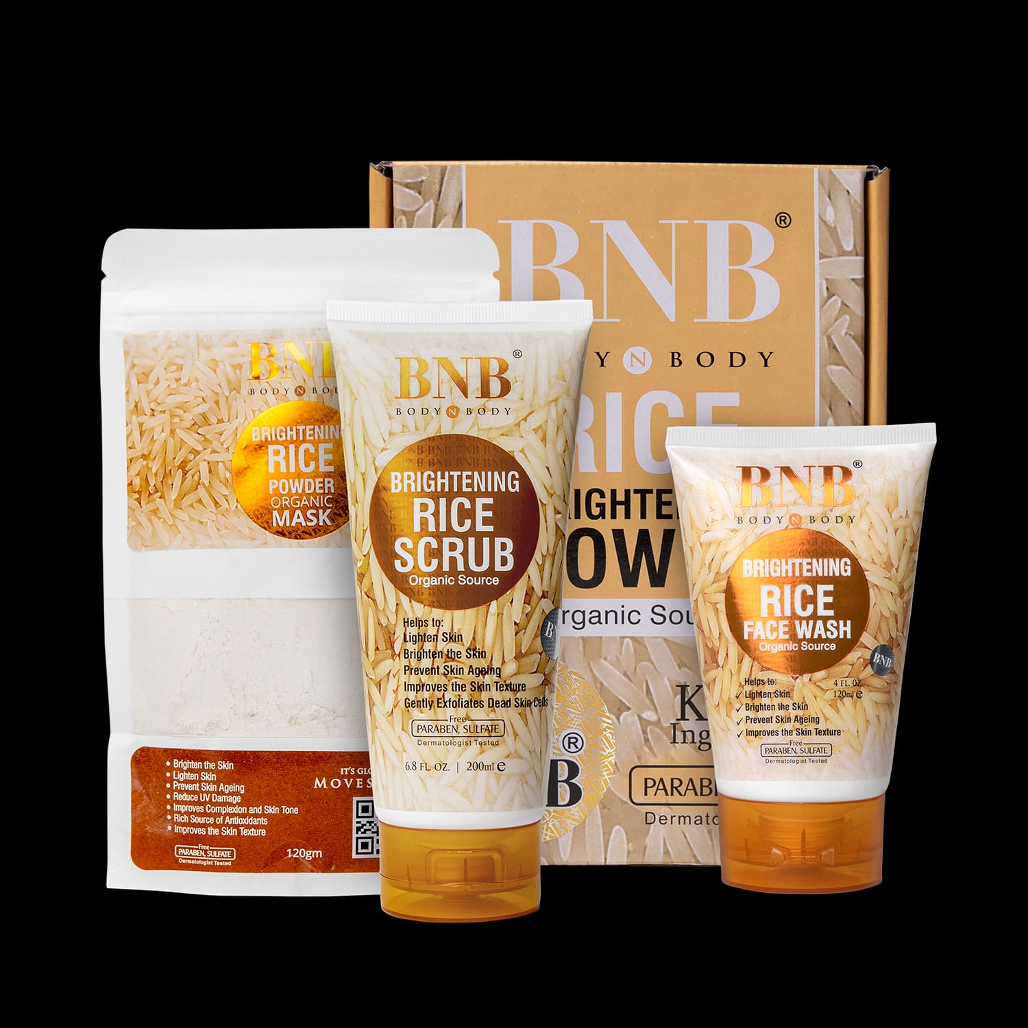BNB Rice Brightening Glow Kit | 3-in-1 Skincare Set with Scrub, Mask & Face Wash